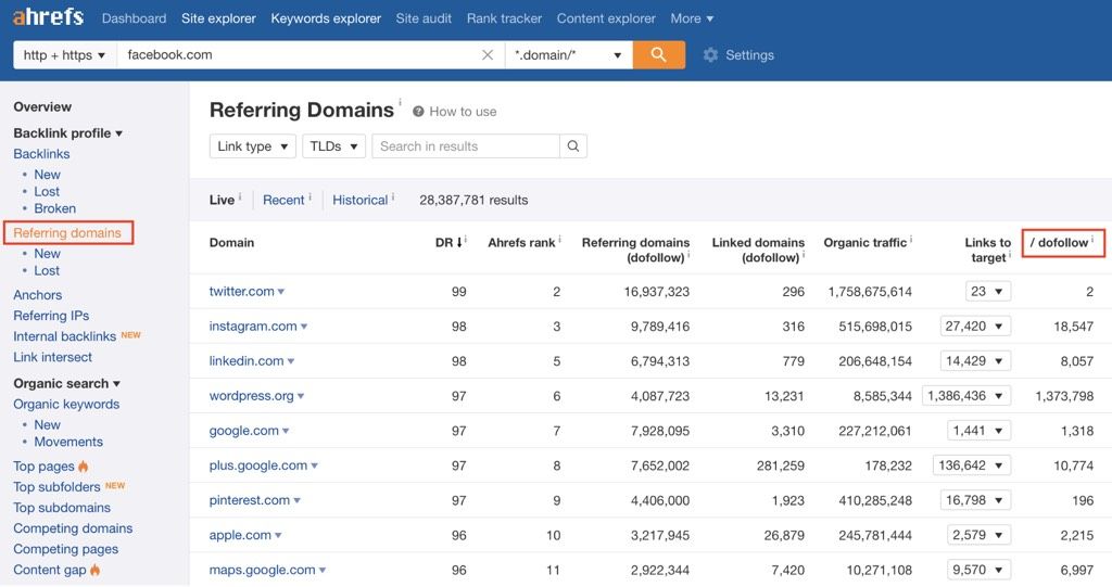 Reffering domains in Ahrefs mobile app SEO tool